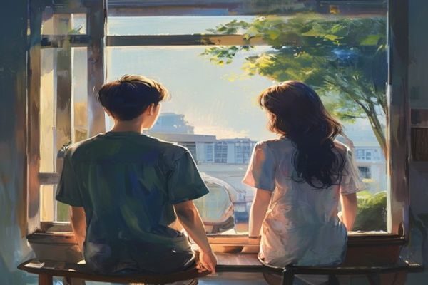 夏日午后窗边少年望向窗外的背影，光线柔和，画面透出青春懵懂与朋友的姐姐相遇时的那种心动感