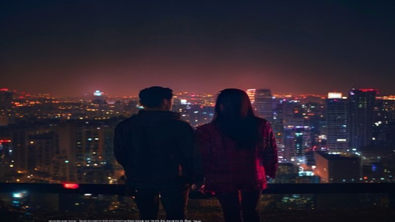 情感纪录片预告画面：夜晚城市霓虹灯下两人背影，画面充满青春怀旧氛围，与朋友的姐姐主题高度契合